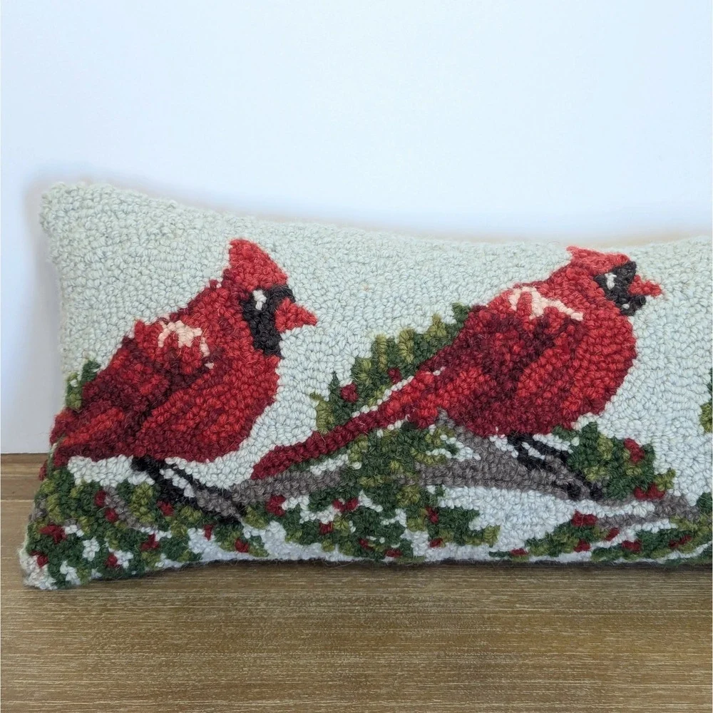 Cardinals Red Birds Wool Latch Hook Velvet Lumbar Decorative Pillow 24
